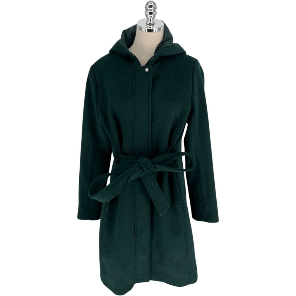 Cole Haan Coat Women's Size 12 Dark Green Solid Trench Wool Blend Hooded